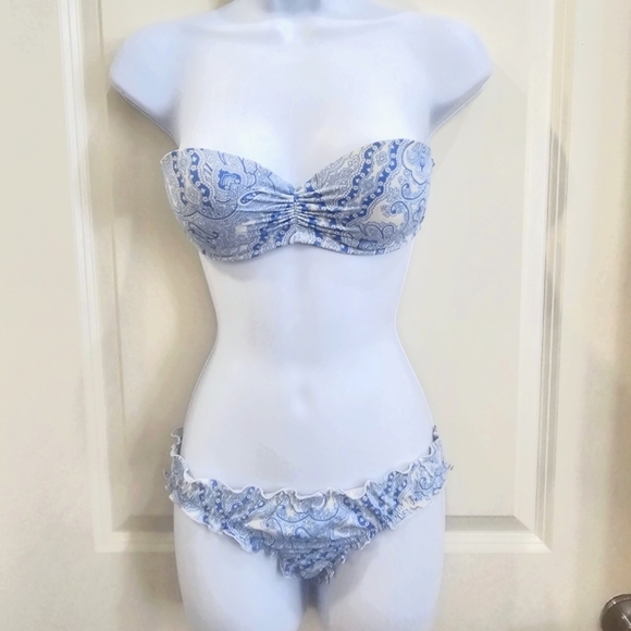 Victoria's Secret Other - 🚨🆑️✂VICTORIA'S SECRET Strapless Bikini | Blue White Padded Ruffled Hem Bottoms